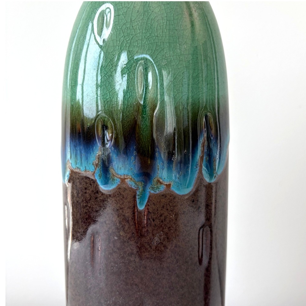 Hostess Potteries Drip Glaze Ceramic Bud Vase Set 2 Green Brown Blue 10.5" 2005 - Picture 3 of 9